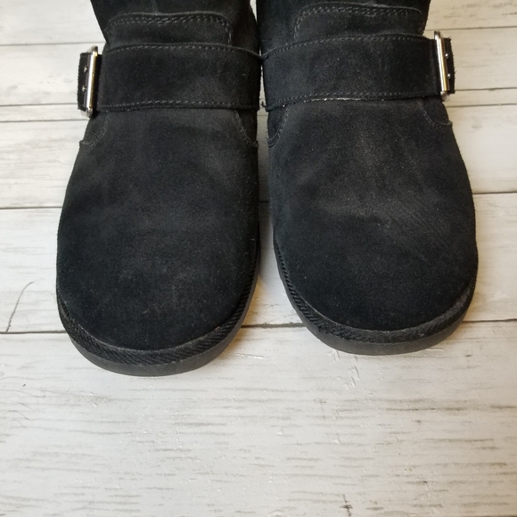 Unr8ted Rim Black Suede Leather Faux Fur Mid Calf Buckle Detail Pull On Boots - Picture 5 of 11